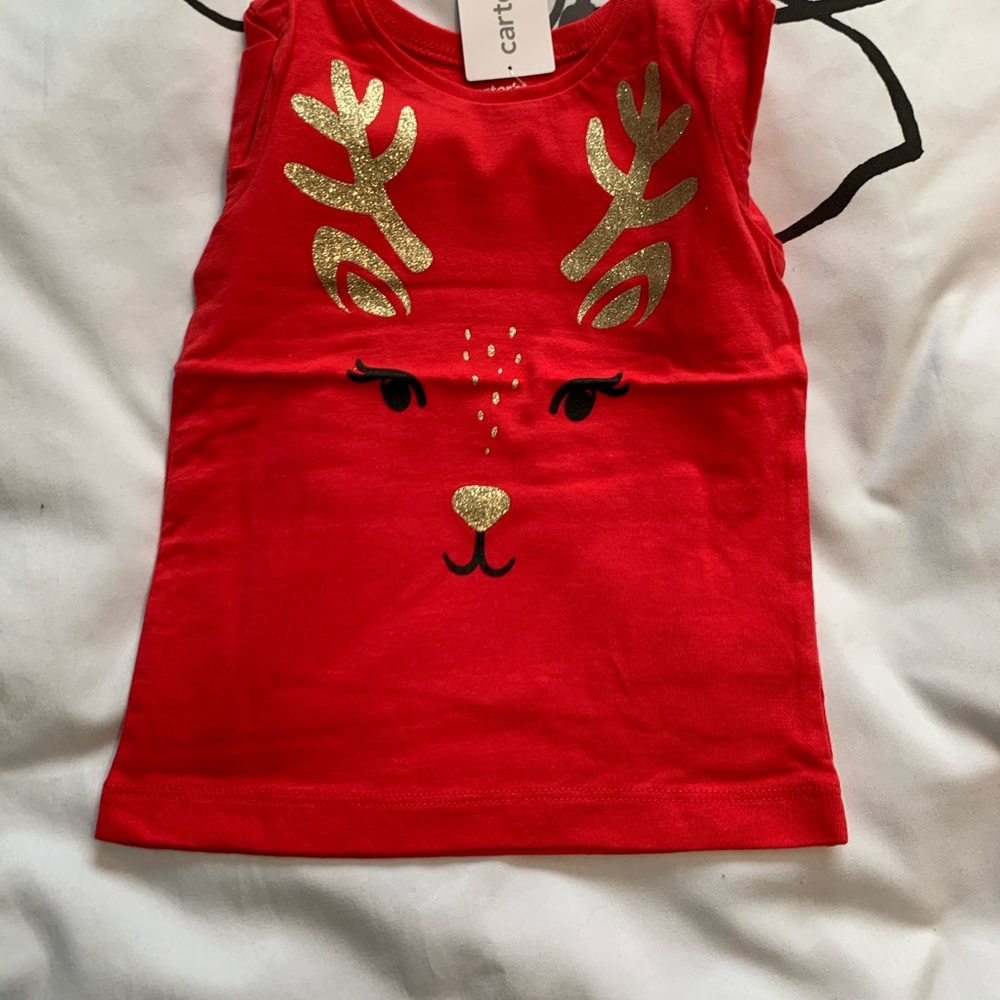 Long sleeve T-shirt red with gold reindeer 18m